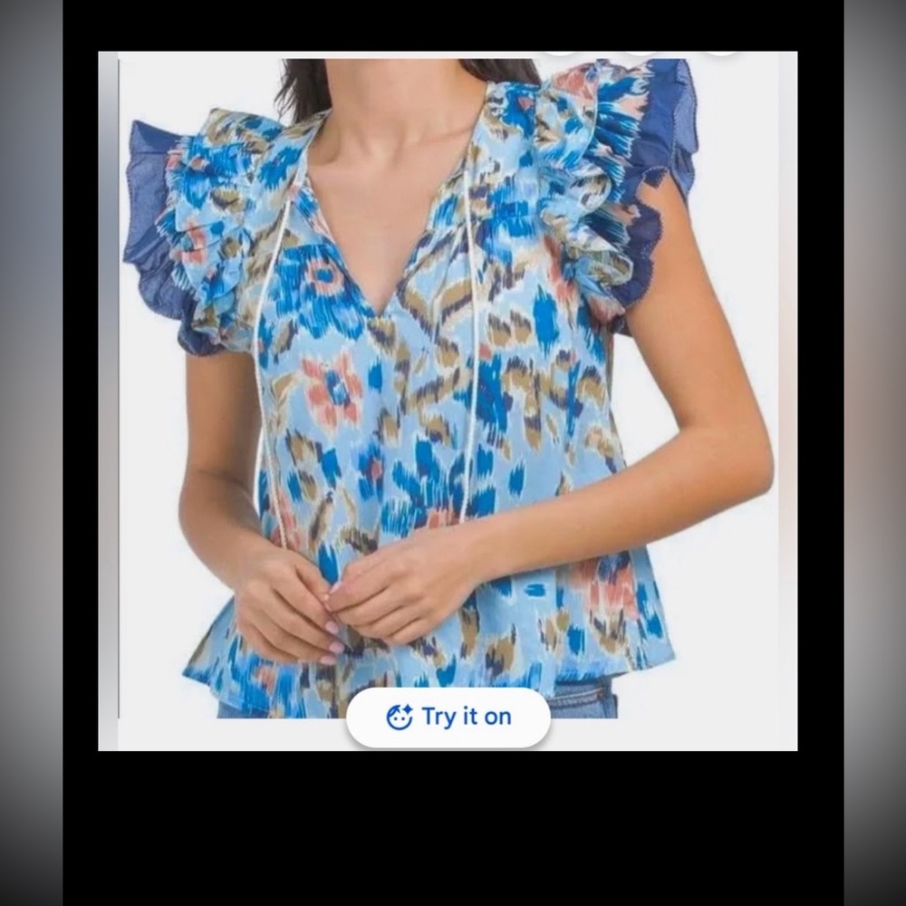 House of Harlow 1960  Pullover Top Low Cut Cotton Ruffled Sleeves - Blue Size XS